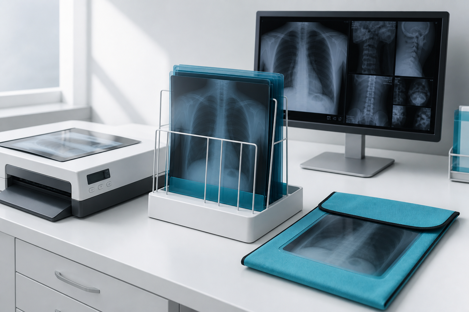 Medical dry films, a dry imager and a diagnostic display in a clean radiology workspace